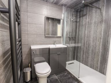 A bathroom with a toilet, sink with cabinet, wall mirror, glass shower enclosure, and towel radiator at The Bevan in Bontnewydd Gwynedd