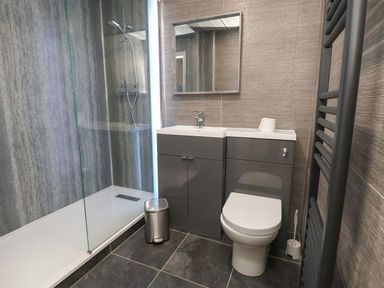 A bathroom with a shower area a sink with cabinets a toilet a mirror a trash bin and a heated towel rail at The Bevan in Bontnewydd Gwynedd