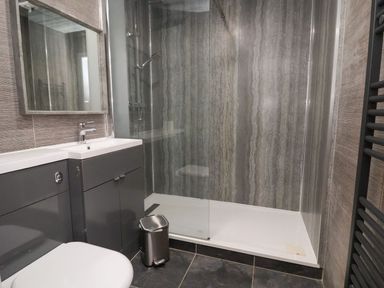 A bathroom with a shower area a sink with a cabinet a mirror and a small trash bin at The Bevan in Bontnewydd Gwynedd