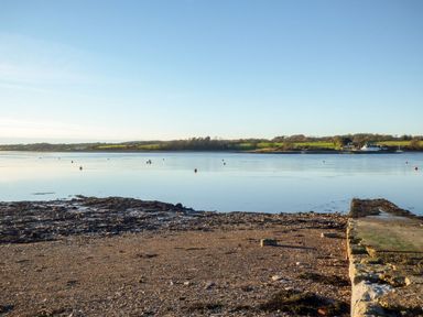 A calm body of water with a rocky shore and grassy land across the water at The Bevan in Bontnewydd Gwynedd