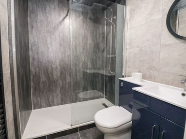 A bathroom with a walk-in shower a toilet and a sink with a cabinet and a mirror at Cadwaladr in Bontnewydd near Caernarfon