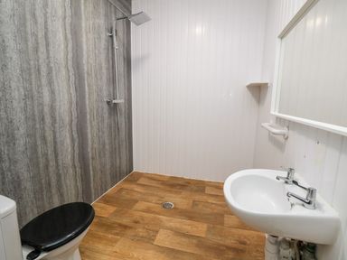 A bathroom with a toilet a sink a mirror and a shower area at Cadwaladr in Bontnewydd near Caernarfon