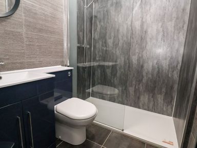 A bathroom with a toilet sink vanity and a walk in shower at Cadwaladr in Bontnewydd near Caernarfon