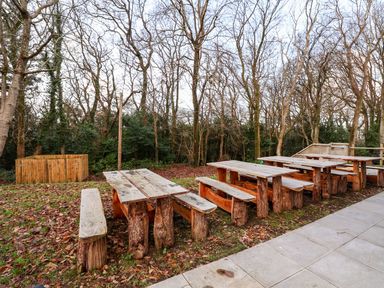 Wooden outdoor picnic tables and benches beside a paved area with trees and fallen leaves at Cadwaladr in Bontnewydd near Caernarfon