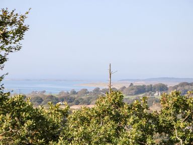 A landscape view of trees and a body of water with land in the distance at Cadwaladr in Bontnewydd near Caernarfon