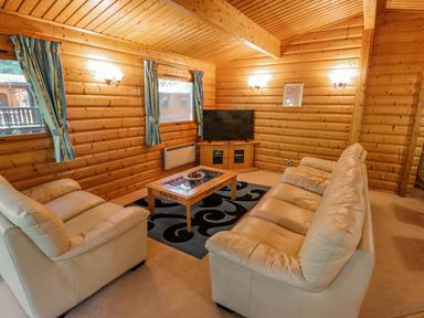 A living room with wooden walls leather sofas a coffee table a rug and a television at Bamboo Retreat in Louth
