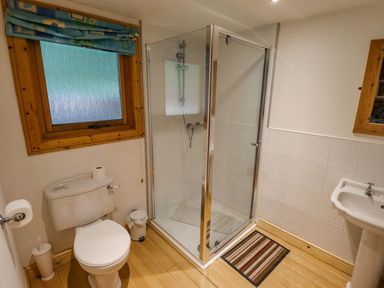 A bathroom with a toilet, a shower enclosure, a sink, and a window with a blue curtain at Bamboo Retreat in Louth