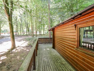 A wooden balcony attached to a log cabin in a forest at Bamboo Retreat in Louth