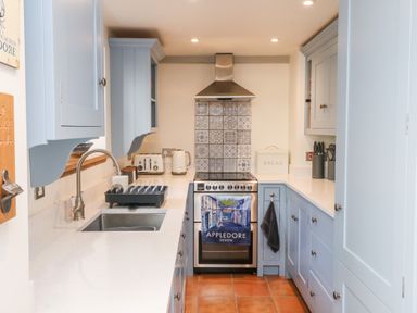 A kitchen with blue cabinets a sink stove and tiled backsplash at Peppers Cottage in Appledore