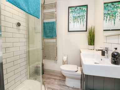 A bathroom with a shower, toilet, sink, towel rail, and wall art at Pepper's Cottage in Appledore