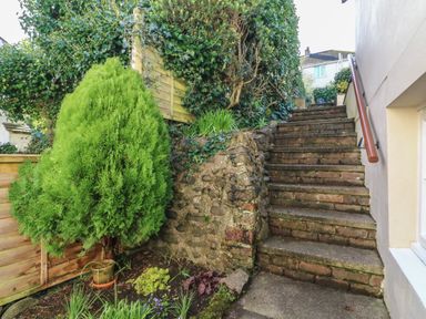 An outdoor stone stairway with a wooden handrail next to a small garden and greenery at Pepper's Cottage in Appledore