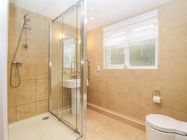 A bathroom with a shower, toilet, and sink at Mariners Rest in Gorran Haven