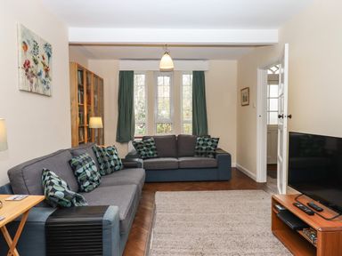 A living room with two sofas two windows with curtains a wall painting a TV on a TV stand and a bookshelf at Greenhedges in Budleigh Salterton