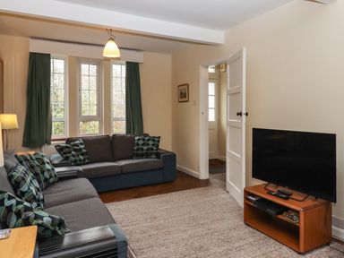 A living room with sofas cushions a television on a stand and windows with green curtains at Greenhedges in Budleigh Salterton