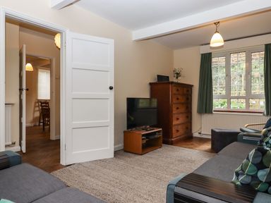 A living room with a gray sofa a wooden dresser a television on a stand and a window with green curtains at Greenhedges in Budleigh Salterton