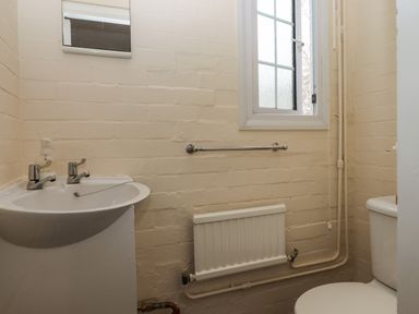 A small bathroom with a sink a toilet a mirror a window and a radiator at Greenhedges in Budleigh Salterton