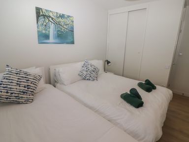 A bedroom with two beds white bedding blue patterned pillows green rolled towels a painting on the wall and a white closet with sliding doors at 16 Coedrath Park in Saundersfoot