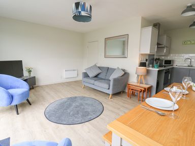 A living room with a gray sofa and two blue chairs a round rug a wooden dining table set and a kitchen area at 36 Coedrath Park Saundersfoot