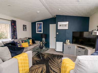 A living room with a grey sofa with colorful cushions and yellow throws a glass coffee table a black lamp a patterned rug a flat screen TV on a cabinet and framed pictures on blue and white walls at The Hideout in Gilfachrheda near Llanarth