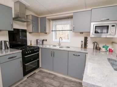 A kitchen with grey cabinets a gas stove a stainless steel kettle a microwave and various cups on the counter at The Hideout in Gilfachrheda near Llanarth