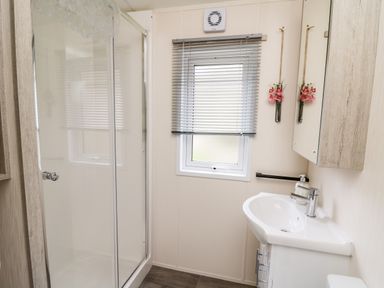 A bathroom with a shower enclosure a window with blinds a sink with a cabinet and a mirror cabinet with flowers on the wall at The Hideout in Gilfachrheda near Llanarth