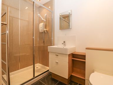 A bathroom with a shower enclosure sink with cabinet mirror and a toilet at The Old Dairy in Sarn Bach near Abersoch