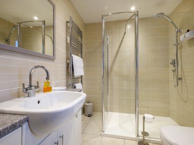 A bathroom with a sink mirror towel rack glass shower enclosure and toilet at Sunny Brae in Lindale