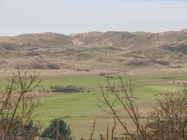 A golf course with sand bunkers and grassy dunes in the background at Hafod Y Bryn in Harlech