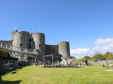A stone castle with round towers and a playground with tire swings and balance beams in a grassy area at Hafod Y Bryn in Harlech