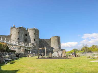 An outdoor playground with tire swings and wooden climbing structures next to a stone castle with flags and benches on a grassy area at Hafod Y Bryn Harlech