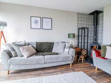 A living room with a sofa and fireplace at Hafod Y Bryn in Harlech