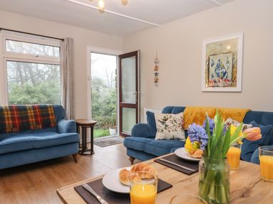 A living room with blue sofas a wooden table with flowers and orange juice at 2 The Glade in Kilkhampton