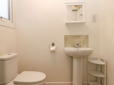 A bathroom with a toilet, pedestal sink, small corner shelf, and a mirror cabinet at 2 The Glade in Kilkhampton