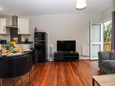 An open kitchen and living area with a black refrigerator a television on a stand and a dining table with chairs and food at 15 The Park in Kilkhampton