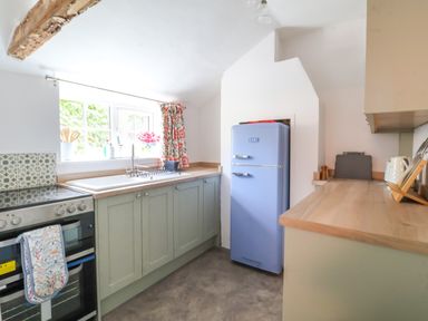 A kitchen with green cabinets a blue fridge a stainless steel oven and a window with floral curtains at Brook Cottage Peasenhall
