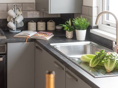 A kitchen sink with celery and lettuce on the counter and jars labeled tea sugar coffee Wheal Amelia Lodge Wendron near Helston