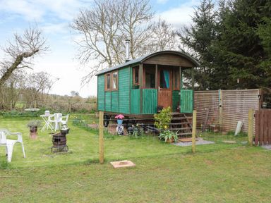 A green wooden hut with steps and a small garden area with white chairs and a table at Harri's Hut in Bishop's Lydeard