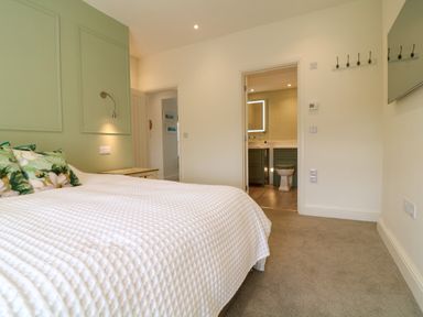 A bedroom with a large bed a green paneled wall a bedside table and an ensuite bathroom at Channel View House in Wadebridge