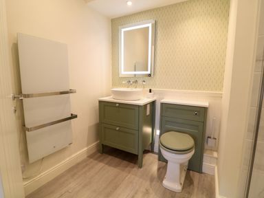A bathroom with a green vanity, toilet, illuminated mirror, and heated towel rail at Channel View House in Wadebridge