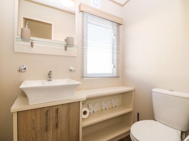 A bathroom with a sink, mirror, window with blinds, open shelves with decorative butterflies and toilet at Snape Lodge in Towyn