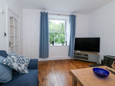 A living room with a sofa, television, and window at Ty Capel Bethania in Nant Gwynant