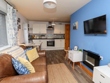 A living room with a brown leather sofa pillows a mounted flat screen TV a small white cabinet and a kitchen area with white cabinets at The Nook North Sunderland near Seahouses