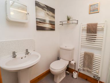 A bathroom with a pedestal sink mirror toilet towel warmer and wall art at The Nook in North Sunderland near Seahouses