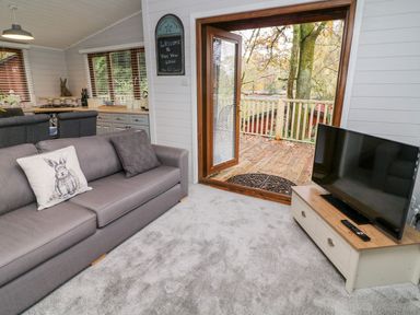 A living room with a gray sofa and a television on a wooden stand with an open door leading to a wooden deck at Tree View Lodge in Troutbeck Bridge