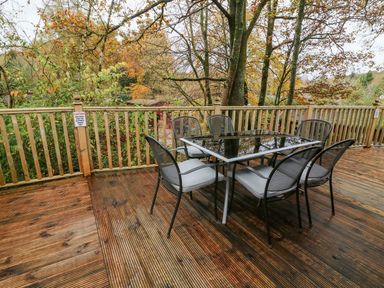 An outdoor wooden deck with a glass top table and six metal chairs surrounded by trees at Tree View Lodge in Troutbeck Bridge