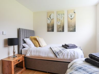 A bedroom with a single bed, a wooden nightstand with a lamp, and floral paintings on the wall at The Piggery in LLanfair Talhaiarn near Abergele