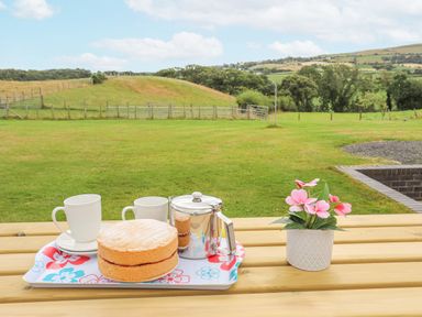 A picnic table with a cake pot cups and a flower pot in a garden with fields and hills in the background at The Piggery LLanfair Talhaiarn near Abergele