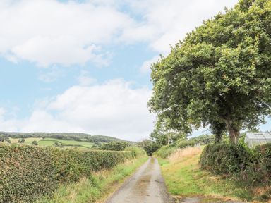 A rural narrow road bordered by hedges and trees with hills in the background at The Piggery in LLanfair Talhaiarn near Abergele