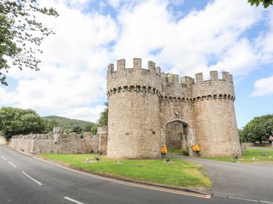 A stone castle gate with round towers and battlements next to a road and grassy areas