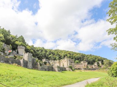 A stone castle with multiple towers on a grassy hill with a forest behind it